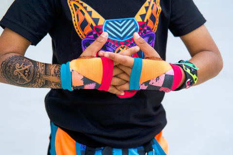 Neon Grunge Checkerboard Fingerless Gloves Hot pink Orange Electric Blue