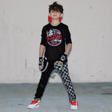 XO Monochrome Checkered Skinny Pants with Punk Straps for Unisex Kids Handmade for Girls and Boys