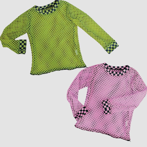 Long Sleeve Mesh Shirt with Checkerboard trim for kids pink or green