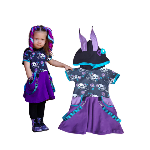 Punk Floral Bunny Dress for girls with pockets, twirly skirt, hood and custom color options!