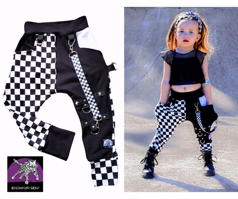 Punk Pants for Kids Unisex Style Checkerboard Black and White Monochrome Joggers