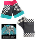 Big Collab Gloves for kids in checks, pink and aqua fingerless gloves mittens boys and girls