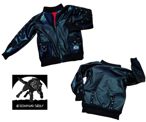 Black Punk Bomber Jacket for Kids in Vegan Leather Unisex boys girls fashion