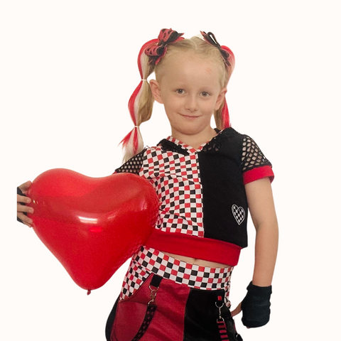 Valentine's Girls Crop Top with Hoodie in 2 Lengths with Mesh Sleeves Red Black Checks