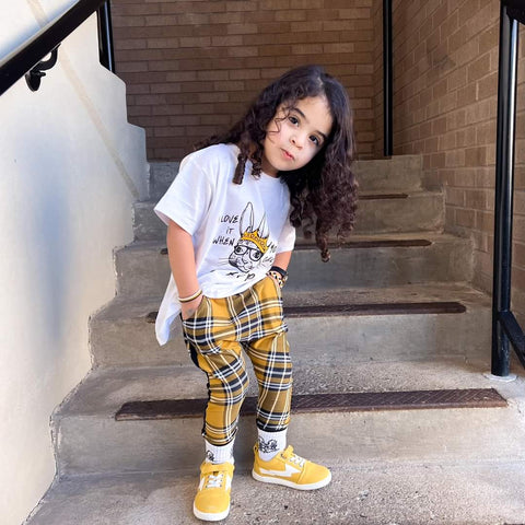 Mustard and Grey Pants Tartan Plaid Kids Joggers with Punk Straps