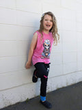 Kids Punk Pink and Turquoise Cotton Joggers with Skull Patch and Grommet trim