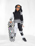 Monochrome Jogger Pants for boys and girls black mesh with checkered accents suspender strap