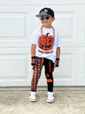 Orange Bat Print Pants for KIds  Halloween Checkerboard Punk Style Mesh Straps Moon