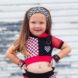 Valentine's Girls Crop Top with Hoodie in 2 Lengths with Mesh Sleeves Red Black Checks