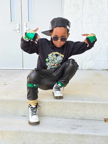 Metallic Green, Checks and Black Kids Joggers with straps ,unisex boys girls