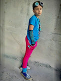 Kids Punk Pink and Turquoise Cotton Joggers with Skull Patch and Grommet trim