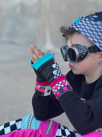 Big Collab Gloves for kids in checks, pink and aqua fingerless gloves mittens boys and girls