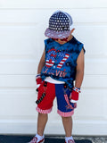 Kids Punk Patriotic Shorts with Star patch Suspender Straps pockets boys baby girls