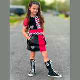 Valentine's Girls Crop Top with Hoodie in 2 Lengths with Mesh Sleeves Red Black Checks
