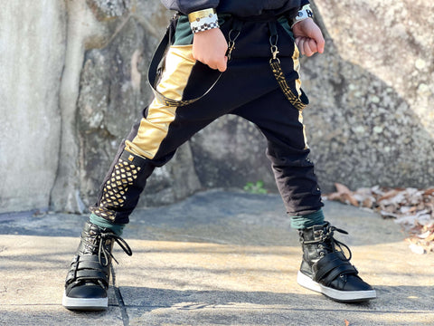 Gold and Black Kids Joggers with straps ,unisex boys girls vegan pleather pants