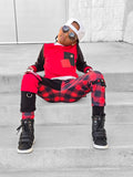 Red and Black Plaid Collab Jogger  Pants with straps ,unisex boys girls