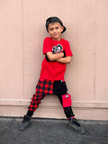 Red and Black Plaid Collab Jogger  Pants with straps ,unisex boys girls