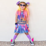 Rainbow Tie Dye Mesh Tank Top Hoodie for kids with checkered accents,2 color options