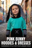 Aqua and Black Punk Bunny Hoodie Long Ears Mesh Checkerboard Handmade Top Shirt Kids and Adults Other Colors Available