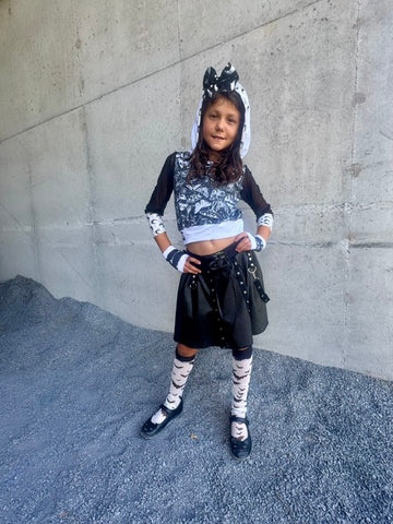 Black Vegan Leather skirt for girls full twirly skirt punk straps lace up front detail
