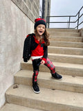 Red and Black Plaid Skinny Pants with straps ,unisex boys girls in glitter pleather or regular fabrics