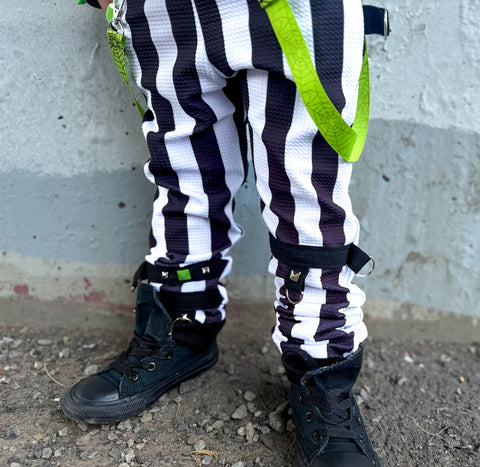 Kids Black and White Striped Skinny Pants with Punk Straps Beetlejuice Halloween costume Handmade boys girls