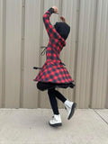 Red Plaid Lace up Dress with Hood Twirly Skirt Grommet Trim for girls