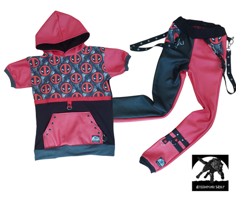 Merc with a Mouth Kids Hoodie and Pants Outfit Deadpool Red Black Vegan Leather Punk Urban Style Boys Handmade  Fashion