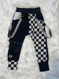 Punk Pants for Kids Unisex Style Checkerboard Black and White Monochrome Joggers Suspender Straps