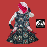 Mr and Mrs Skellington Girls  Dress Lace Hoodie Pockets Twirly Skirt Halloween Christmas Red Cream Black Handmade