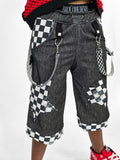Punk Z-Crew Long Shorts Jorts for Kids and Adults 90's baggy skater style denim shorts with Checkered Starts or Bolts