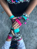 Big Collab Gloves for kids in checks, pink and aqua fingerless gloves mittens boys and girls