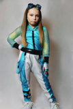 Metallic Punk Hoodie and Harem jogger Pants set in Turquoise Blue Line Mesh Vegan Leather Uma Outfit