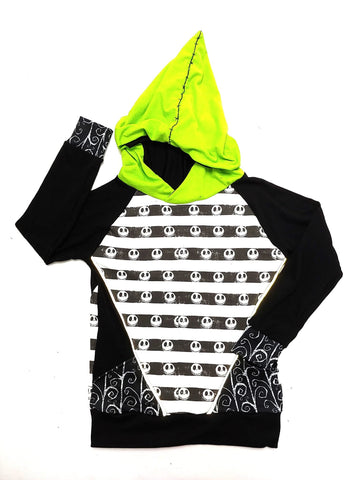 Oogie Jack Hoodie for kids Nightmare Before Christmas Lime Green and Monochrome Handmade Halloween Embroidery Pockets