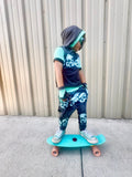 Skulls Row Kids Jogger Bottoms Shorts Pants in Pastel Pink Aqua Lilac Pockets and Punk Strap