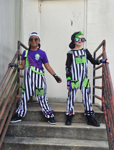 Monochrome Striped Overalls Beetlejuice Burton Kids Unisex Sizes Custom Made Dungarees