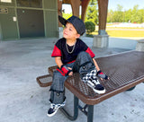 Z Crew Baggy Jeans for Kids and Adults 90's skater style dark denim pants lots of pockets Suspender straps turn up cuffs