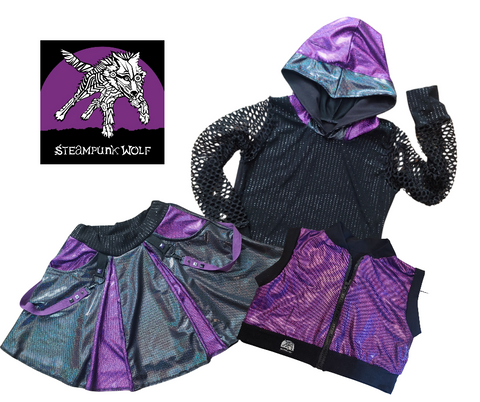 Malificent Girls Costume Hoodie skirt Mal Descendants Purple Black Pleather Punk Girls Skirt and Vest