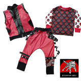 Red Dead pool Kids Outfit Vegan leather red and black punk boys pants vest shirt