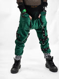 Dark Green Corduroy Joggers pants for boys girls unisex pants punk style straps Shamrock St Patrick's Day handmade