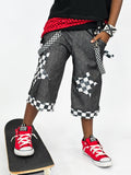 Punk Z-Crew Long Shorts Jorts for Kids and Adults 90's baggy skater style denim shorts with Checkered Starts or Bolts