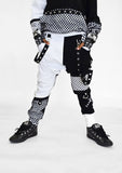 Monochrome Jogger Pants for boys and girls black mesh with checkered accents suspender strap