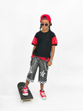 Punk Z-Crew Long Shorts Jorts for Kids and Adults 90's baggy skater style denim shorts with Checkered Starts or Bolts