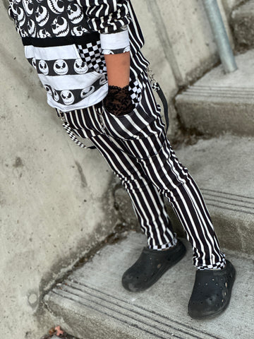 Pinstriped Jack Skinny Pants for Kids Punk Suspender Straps Black And White