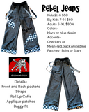 Z-Bolts Baggy Jeans for Kids and Adults 90's skater style dark denim pants with Checkered Star or Bolts patches Lots of pockets Suspenders