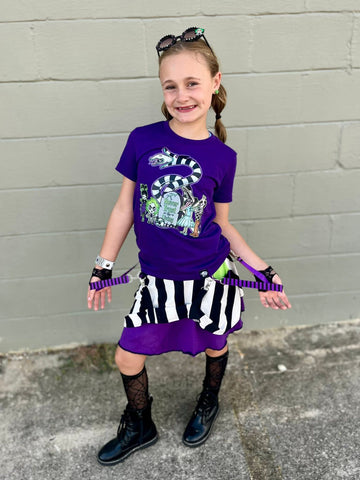 Showtime Striped Double Skirt for Girls in full twirly style punk suspenders beetle juice fans Halloween