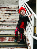 Red and Black Plaid Skinny Pants with straps ,unisex boys girls in glitter pleather or regular fabrics