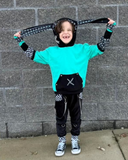 Aqua and Black Punk Bunny Hoodie Long Ears Mesh Checkerboard Handmade Top Shirt Kids and Adults Other Colors Available
