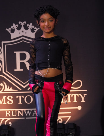 Red and Black Skinny Pants and Punk Crop from Dreams to Reality Runway Metal Chains Grommet Stud trim for girls