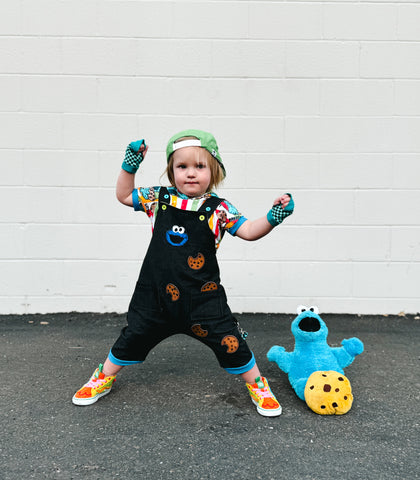 Cookie Fiend Overalls and Hoodie Shirt for kids with Cookie Patches and Pockets features a Blue Monster 🍪💙